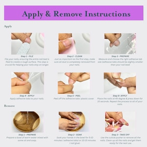 May include: Instructions for applying and removing artificial nails. Steps include filing, cleaning, preparing, applying adhesive tabs, peeling, and pressing nails. Removal steps involve soaking hands, and using a cuticle pusher. Text reads "Apply & Remove Instructions."