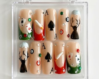 Uñas postizas con silueta de ciervo de póker del oeste, arte de uñas rústico de juego de cartas vaquero