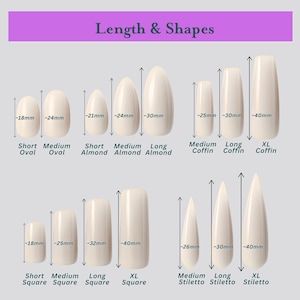 May include: A diagram displaying various nail shapes and lengths. The image shows short, medium, long, and XL sizes for oval, almond, coffin, square, and stiletto styles. Measurements are provided in millimeters, with the text "Length & Shapes" at the top.