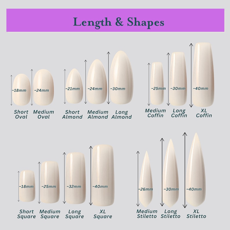 May include: A diagram displaying various nail shapes and lengths. The image shows short, medium, long, and XL sizes for oval, almond, coffin, square, and stiletto styles. Measurements are provided in millimeters, with the text "Length & Shapes" at the top.