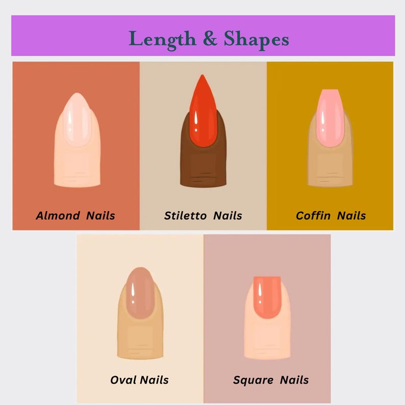 May include: An illustration showcasing different nail shapes: almond, stiletto, coffin, oval, and square. Each nail is depicted with a different color and style, with the names of each shape displayed below.