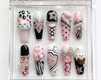 Handmade Gyaru Kawaii Press On Nails, Pink Black Animal Print, 3D Character Bling Set