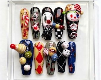 Creepy Carnival Press On Nails, Horror Clown Nail Art, Circus Goth Handmade Nails, 3D Whimsical Manicure, Halloween Glam