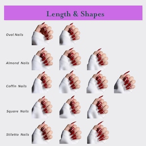 May include: A visual guide showcasing different nail shapes: oval, almond, coffin, square, and stiletto. Each shape is demonstrated with a hand wearing a vibrant red nail polish. The text "Length & Shapes" is displayed at the top.
