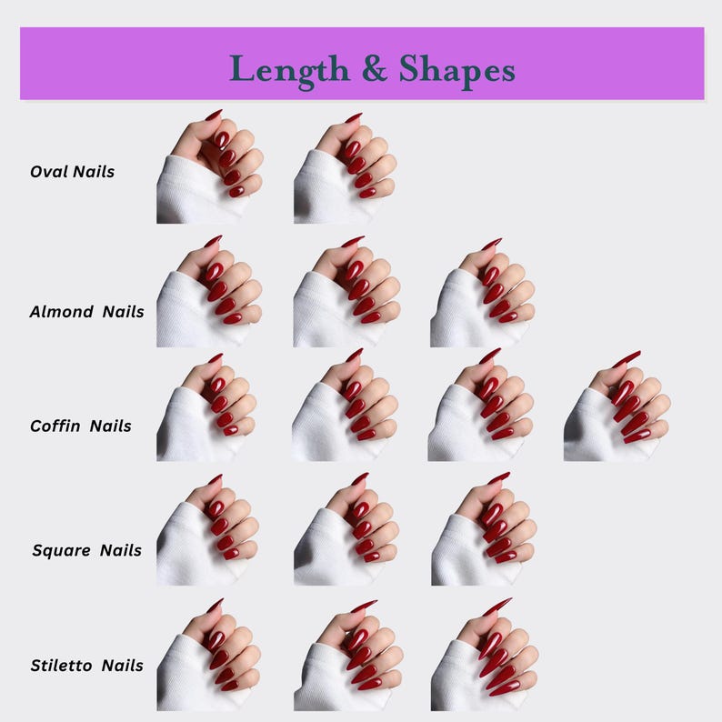 May include: A visual guide showcasing different nail shapes: oval, almond, coffin, square, and stiletto. Each shape is demonstrated with a hand wearing a vibrant red nail polish. The text "Length & Shapes" is displayed at the top.