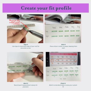 May include: A guide to creating a nail fit profile. The image shows steps: measuring the widest point of the nail, taping the nail, placing strips, marking measurements, and checking the size. The text includes size charts and instructions.
