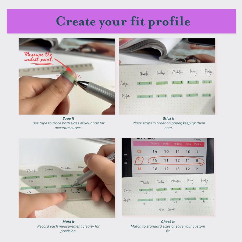 May include: A guide to creating a nail fit profile. The image shows steps: measuring the widest point of the nail, taping the nail, placing strips, marking measurements, and checking the size. The text includes size charts and instructions.