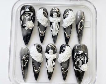 Gothic Angel Press On Nails, 3D Wings, Black Marble, Handmade Nail Art