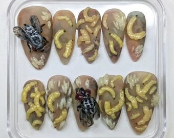 Realistic Maggot Fly 3D Insect Nails, Horror Halloween Statement Handmade