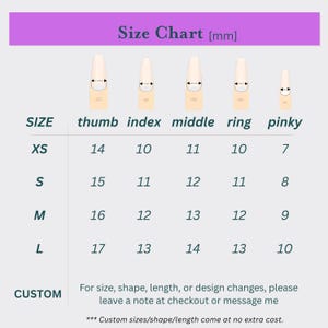 May include: A size chart for nail sizing, with measurements in millimeters. The chart includes sizes XS, S, M, and L, with corresponding thumb, index, middle, ring, and pinky finger measurements. Custom sizes are available.