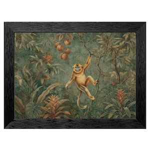 Vintage Golden Snub-Nosed Monkey Botanical Framed Art, Tropical Mural, Chinoiserie Style, Elegant Black Frame