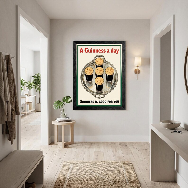 Vintage Guinness Advertising Art, Mid-Century Stout Illustration, Black Frame Home Bar Decor Bild 5