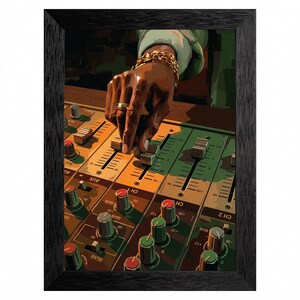 May include: Framed artwork depicting a hand adjusting a mixing console. The hand, adorned with a gold ring and bracelet, is positioned over the console's faders and knobs. The color palette includes shades of green, orange, and brown.
