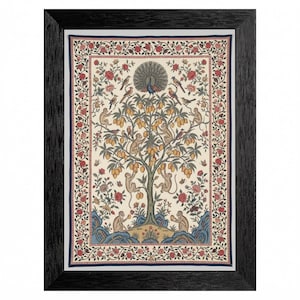 May include: Framed artwork featuring a detailed illustration of a tree laden with yellow fruit, surrounded by monkeys and birds. A peacock sits atop the tree. The artwork is framed in a black wooden frame with a white and blue border.