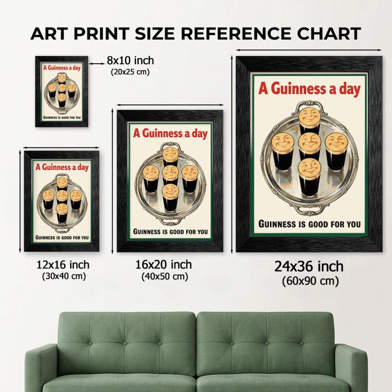 K&ouml;nnte beinhalten: Kunstdruck-Gr&ouml;&szlig;enreferenzkarte mit gerahmten Drucken. Die Drucke zeigen eine Vintage-Werbung f&uuml;r Guinness Stout. Der Text lautet "A Guinness a day" und "Guinness is good for you". Die Drucke sind in den Gr&ouml;&szlig;en 20x25, 30x40, 40x50 und 60x90 cm erh&auml;ltlich.