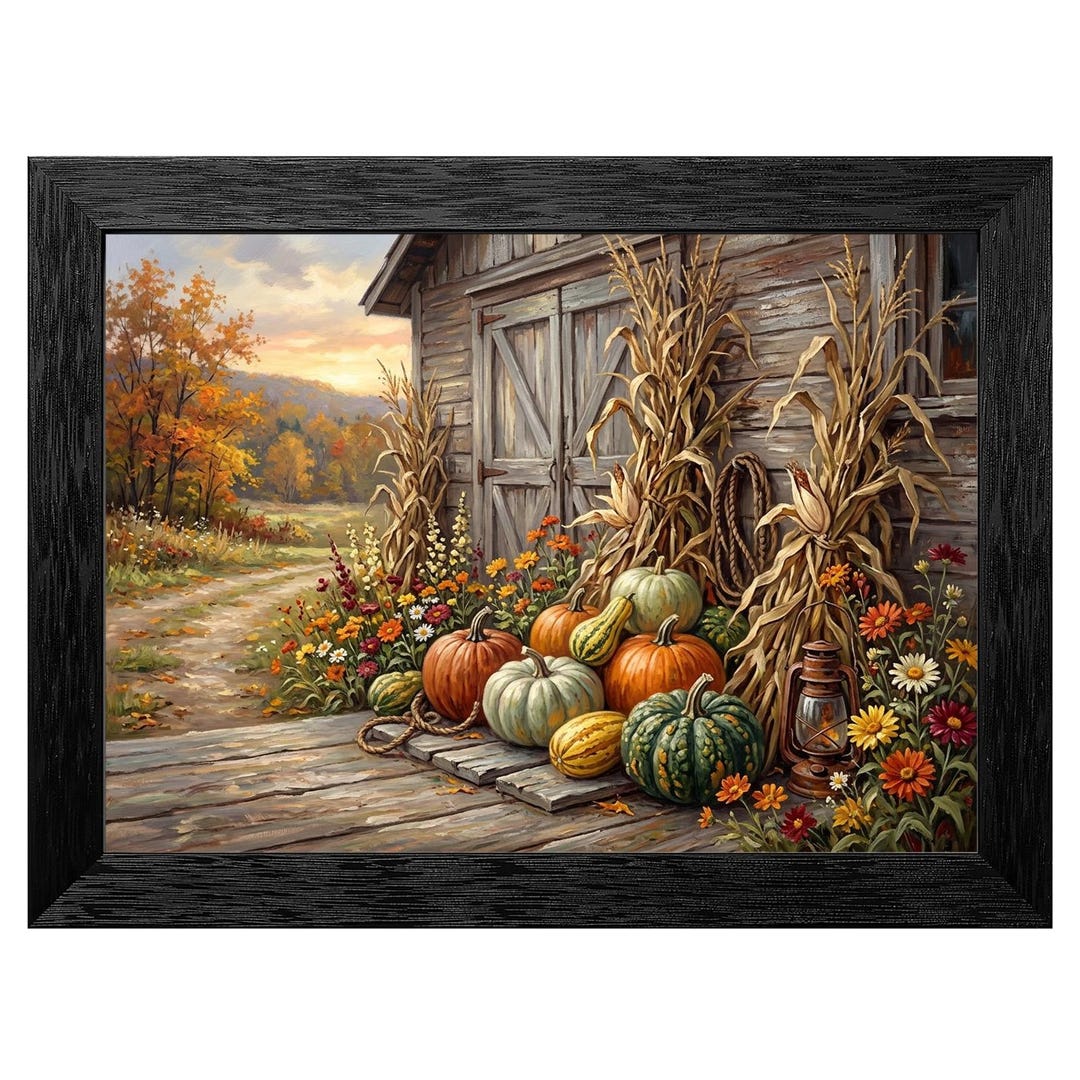 Rustic Autumn Harvest Barn Pumpkins Oil Painting Print, Black Frame - Etsy