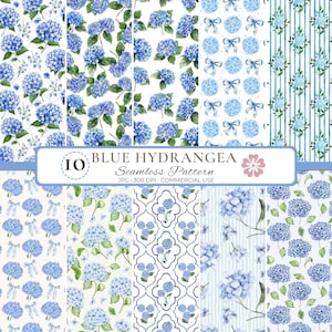 Könnte beinhalten: Eine Sammlung von zehn nahtlosen digitalen Mustern mit blauen Hortensienblüten, grünen Blättern, hellblauen Schleifen und geometrischen Gitterdesigns auf weißem Hintergrund, mit dem Text 10 BLUE HYDRANGEA Seamless Pattern JPG 300 DPI.