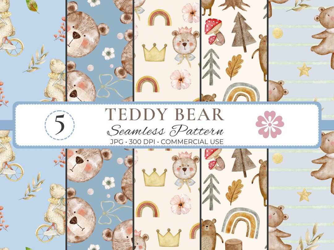 Watercolor Teddy Bear Seamless Pattern Bundle, Nursery Digital Paper ...