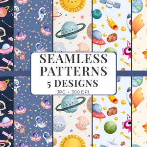 May include: A collection of five seamless patterns with a space theme. Designs include astronauts, rockets, planets, stars, and UFOs in a watercolor style. The text "SEAMLESS PATTERNS 5 DESIGNS" is displayed in a white rectangle.