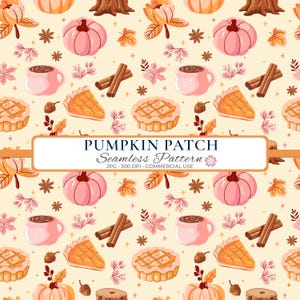 Pumpkin Patch Seamless Pattern, Pink and Orange Pumpkins, Cozy Fall Digital Paper, Autumn Fabric JPG 12x12 300 DPI