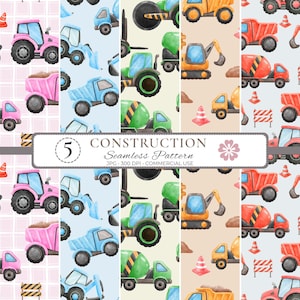 Watercolor Construction Vehicles Seamless Pattern Bundle, 5 Color Variations, JPG Digital Papers