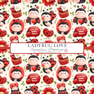 Puede incluir: Un patrón continuo con mariquitas de dibujos animados, corazones rojos, cupcakes con margaritas y burbujas de texto rojas con el texto LOVE YOU BERRY MUCH. El diseño incluye pequeñas hojas verdes y flores blancas sobre un fondo crema.