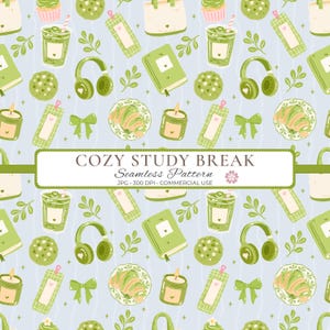 Cozy Study Break Seamless Pattern, Bookish Matcha Digital Paper, Green Café Fabric Design, JPG 12x12 300 DPI