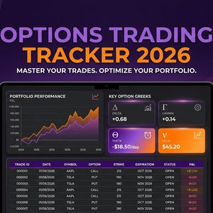 Può includere: Un'interfaccia digitale per un tracker di trading di opzioni, che mostra grafici delle prestazioni del portafoglio e metriche chiave. Lo schermo mostra dati, inclusi i valori Delta, Gamma, Theta e Vega, con il testo "OPTIONS TRADING TRACKER 2026".