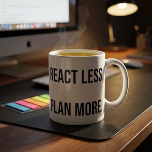 May include: A white ceramic mug with a black handle and the text "But First, Coffee" in a bold, black font. The mug is set against a blurred background, suggesting a cosy setting.