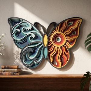 NB418 Sun and Ocean Butterfly SVG | 10 Layers | Elemental Butterfly Wall Art | Laser Cut Multilayer File | CNC Wood Decor | Digital Download