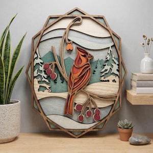 NB225 Cardinal Winter Landscape SVG | 8 Layered Laser Cut File | Multilayer Bird Forest Scene CNC Wood Wall Art | Digital Download