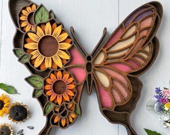 NB147 Sunflower Butterfly Layered SVG | 9 Layers | Laser Cut Multilayer Wood Art | CNC File | Floral Nature Decor | Digital Download