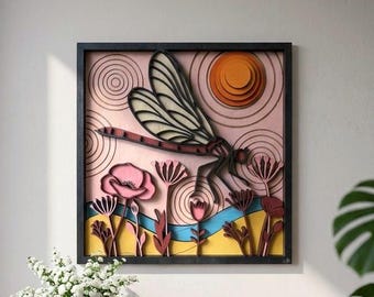 NB613 Winged Serenity SVG | 7 Layers | Dragonfly Wildflower Art | Laser Cut Multilayer File | CNC Wood Decor | Digital Download