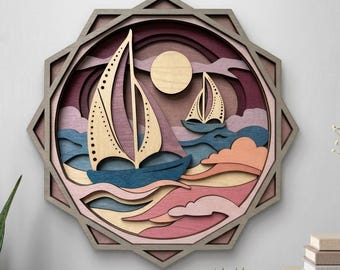 NB415 Sailboat Sunset SVG | 11 Layers | Ocean Sailing Wall Art | Laser Cut Multilayer File | CNC Wood Decor | Digital Download