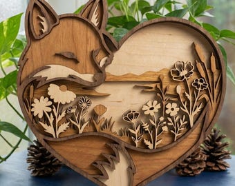 NB84 Fox Heart Layered Wood Art | Wildlife Nature Scene with Flowers Lake | CNC Laser Cut File | 5 Layer SVG DXF | Digital Download