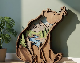 NB80 Layered Bear Wood Design | 8 Layers | Wildlife Mountain River Scene | Multilayer Laser Cut File | CNC SVG DXF | Digital Download