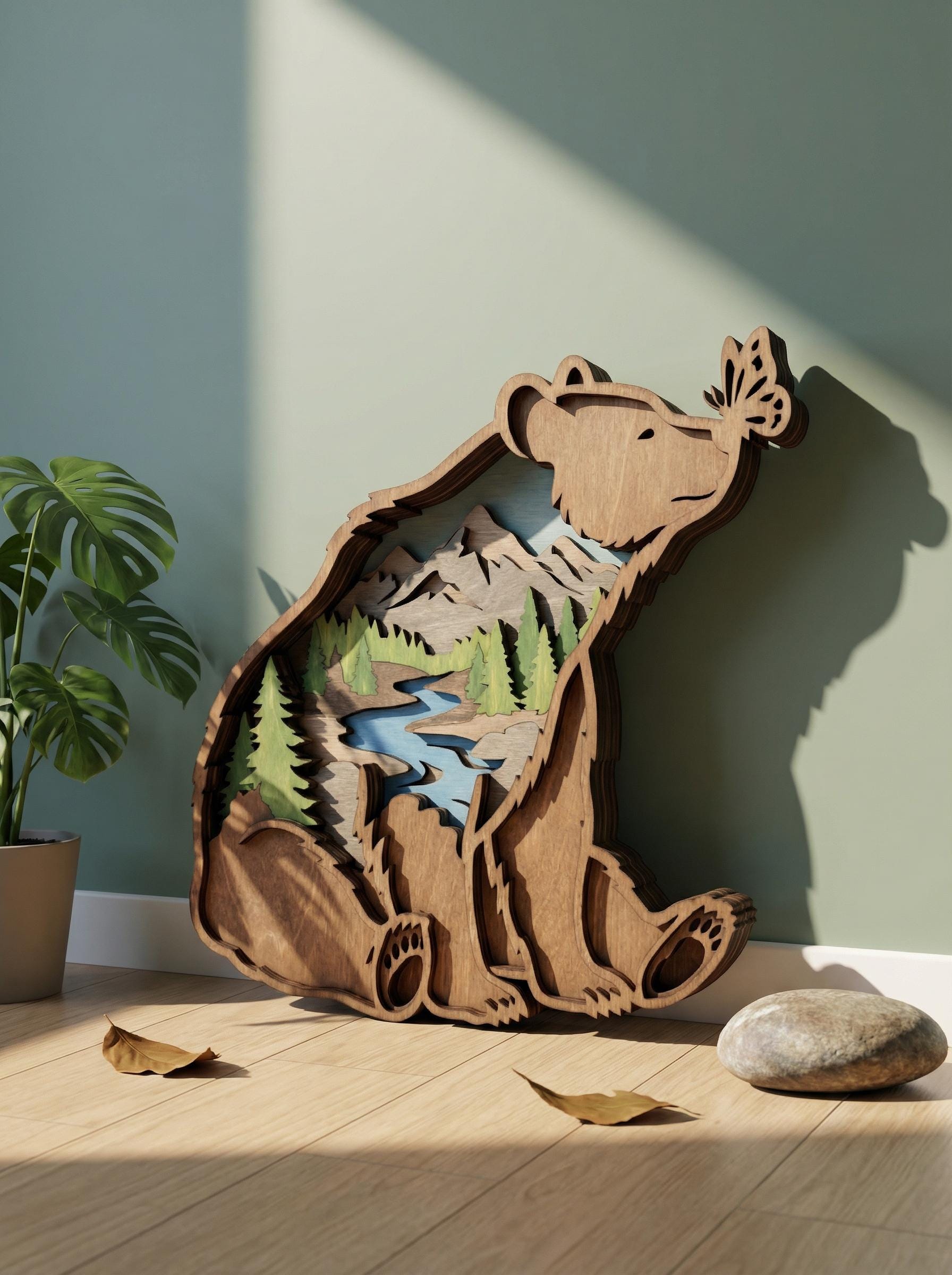 NB80 Layered Bear Wood Design | 8 Layers | Wildlife Mountain River ...