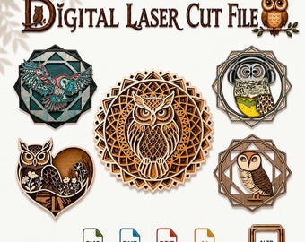 Combo10 Owl SVG Bundle | 5 Designs | Laser Cut File | CNC Wood Decor | Owl Wall Art | Digital Download