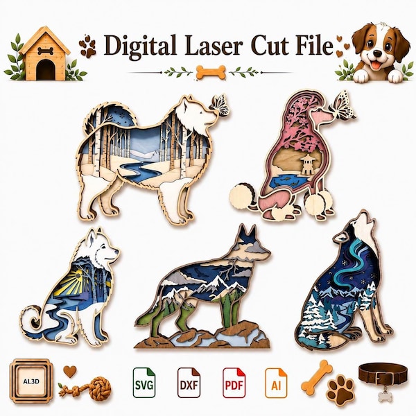 Combo2 Dog SVG Bundle | 5 Designs | Multilayer File | Laser Cut Wood Art | CNC Decor | Digital Download