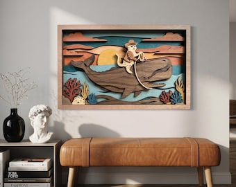 NB261 Cowboy Cat Riding Whale SVG | 10 Layers | Ocean Animal Wall Art | Laser Cut Multilayer File | CNC Wood Decor | Digital Download