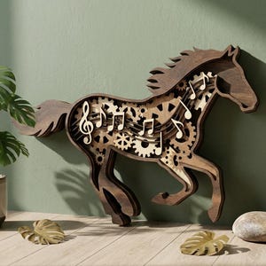 Pode incluir: Arte de parede em madeira que retrata um cavalo a correr. O cavalo é composto por camadas de engrenagens e notas musicais. A peça é castanha e tem um acabamento de grão de madeira natural. O fundo é verde suave.
