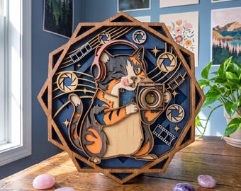 NB559 Photographer Cat SVG | 11 Layers | Camera Wall Art | Laser Cut Multilayer File | CNC Wood Decor | Digital Download