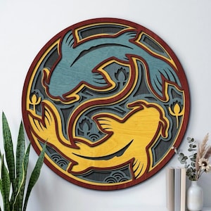 NB876 Carpa Koi em SVG | 4 Camadas | Arte de Parede com Peixe Japonês | Arquivo Multicamadas para Corte a Laser | Decoração em Madeira CNC | Download Digital