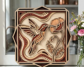 NB243 Hummingbird Flower SVG | 6 Layered Laser Cut File | Multilayer Bird CNC Wood Wall Art Pattern | Digital Download