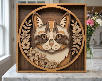NB121 Cat Portrait Floral Wall Art | 6 Layer Laser Cut SVG | Multilayer Wood Design | CNC File | Pet Lover Decor | Digital Download