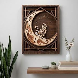 May include: Wooden wall art featuring a cat silhouette perched on a crescent moon. The layered design incorporates stars and decorative swirls, framed in a dark brown square. The artwork is a unique home decor piece.