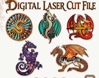 Combo6 Dragon SVG Bundle | 5 Designs | Laser Cut File | CNC Wood Decor | Fantasy Dragon Art | Digital Download