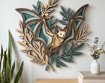 NB311 Bat and Olive Branch SVG | 7 Layers | Woodland Nature Wall Art | Laser Cut Multilayer File | CNC Wood Decor | Digital Download