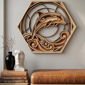 May include: Wooden wall art featuring a dolphin leaping through waves, crafted from layered wood in shades of brown and tan. The artwork is set within a hexagonal frame, creating a 3D effect. Decorative and suitable for coastal or nautical themed decor.