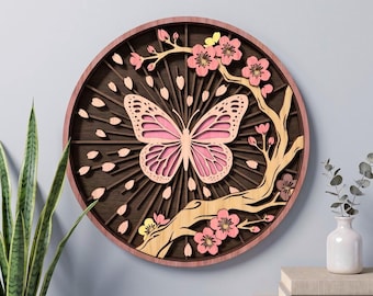 NB504 Butterfly SVG | 5 Layers | Cherry Blossom Wall Art | Laser Cut Multilayer File | CNC Wood Decor | Digital Download